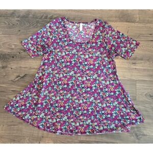Women's sz M Perfect T Purple Floral Scoop Neck Short Sleeve Flared Tunic Top